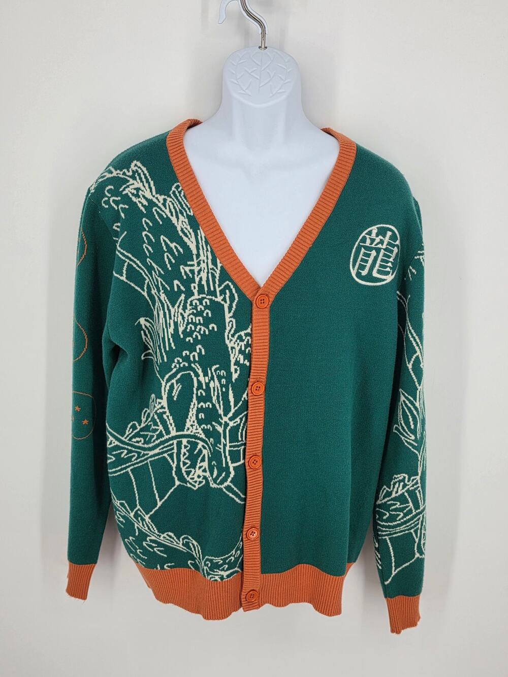 BoxLunch Dragon Ball Z Cardigan Sweater Large Green Shenron Dragon Knit Anime